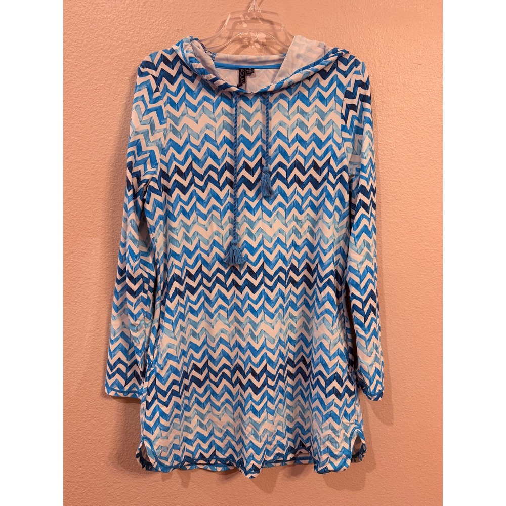Aqua Et Sol Women Blue White Chevron Hooded Swim Cover Up Dress Pockets Medium